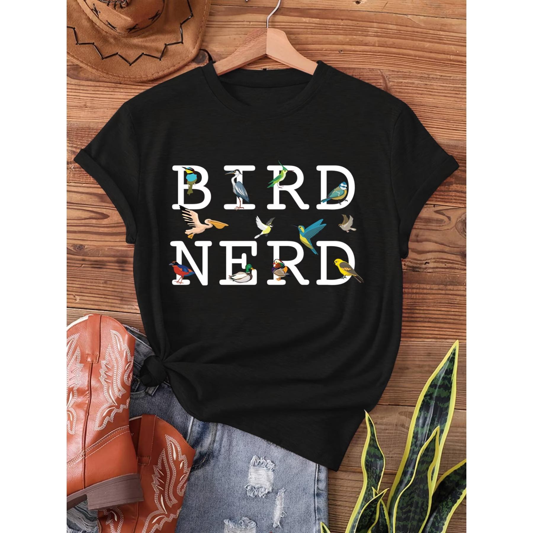

Крутая футболка с принтом птиц, повседневная футболка с коротким рукавом и круглым вырезом для лета и весны, женская одежда S чёрный