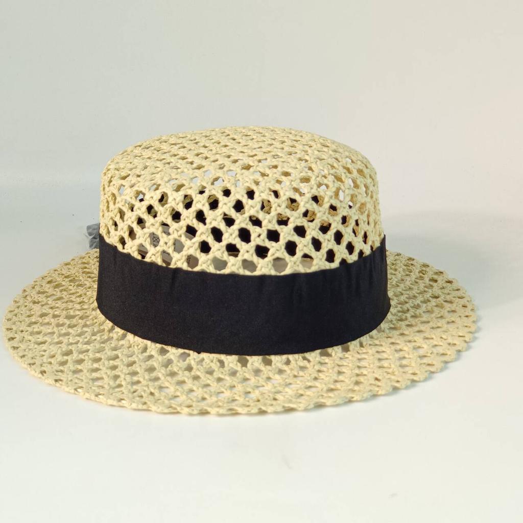 Breathable Mesh Straw Boater Hat for Women, Flat Top Wide Brim Sun Hat with Adjustable Black Ribbon & A