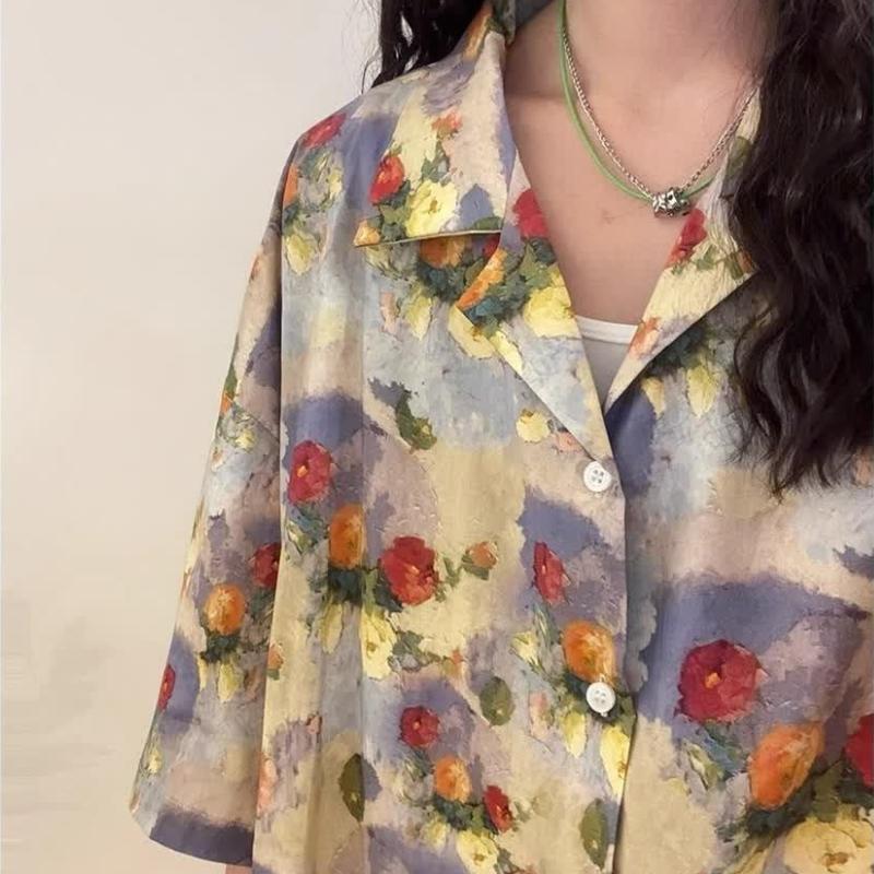 Floral Printed Colorful Female's Suit Collar Shirt Summer Loose Casual Short Sleeved Shirts Vacation Style Chic Blouses
