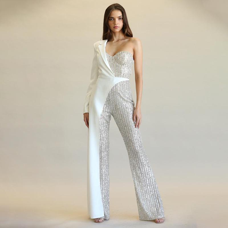2025 One-Shoulder Silver Splicing Sequin Jumpsuit for Women - European & American Fashion
