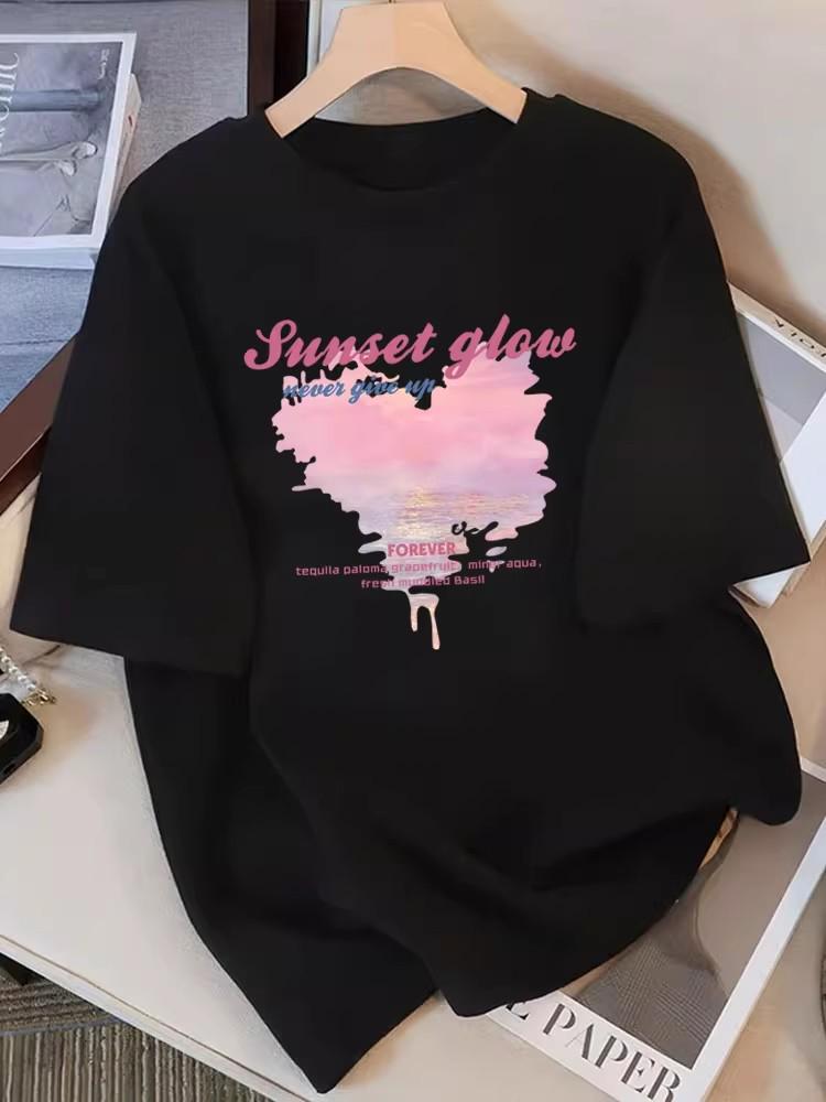 

Heart-Shaped Cotton Print Short-Sleeve Women’s T-Shirt: New 2026 Loose Fit, Summer American Style S