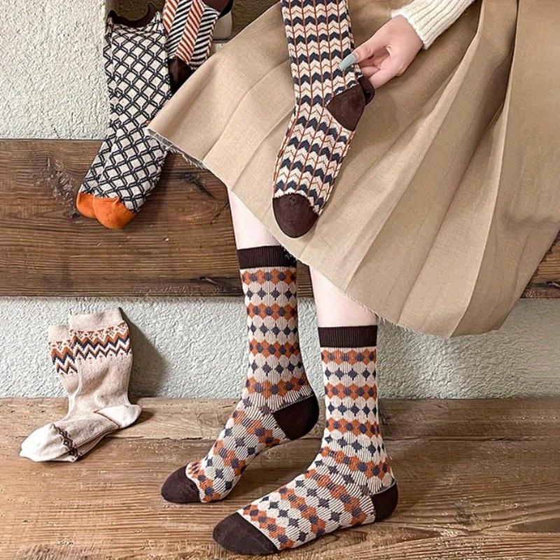 5 Pairs Soft Cozy Argyle Patterned Crew Socks | Vintage-Inspired Mid-Calf Socks In Blue, Orange, Beige & Brown, Perfect for Autumn and Winter Gifts