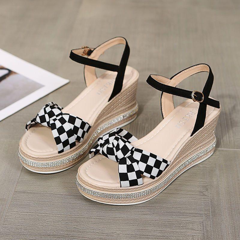 Woman Shoes Checkerboard Grid Platform Bow Sandals for Women Wedges Heel Sandal on Offer Pvc Comfort Footwear Sale Sales Daily