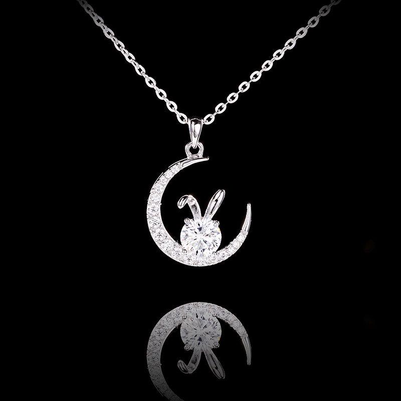 Women's Light Luxury S925 Silver Necklace with Pink Moissanite Rabbit Pendant - Jade Rabbit Zodiac Design