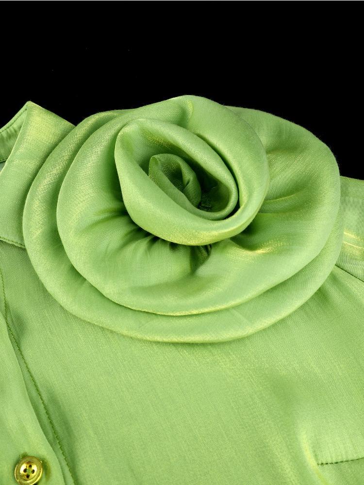 Camisas Brillantes Elegantes para Mujer Cuello Vuelto Manga Larga Abullonada Flores 3D Botones Moda Tops de Fiesta Femenino Ocasión Evento de Cumpleaños Nuevo