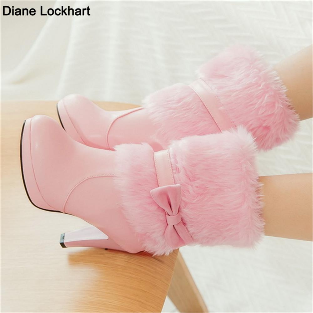 New Winter Fashion Womens Warm Fur High-heeled Boots Pink White Black Bowtie Lovely Lolita Ladies Party Wedding Shoes 33-43
