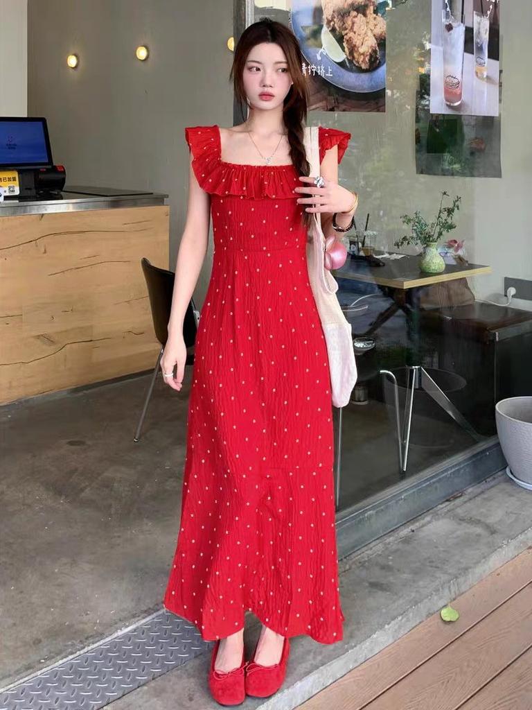 French gentle temperament flying sleeves ruffle edge splicing dress women's summer new polka dot square neck suspender dress