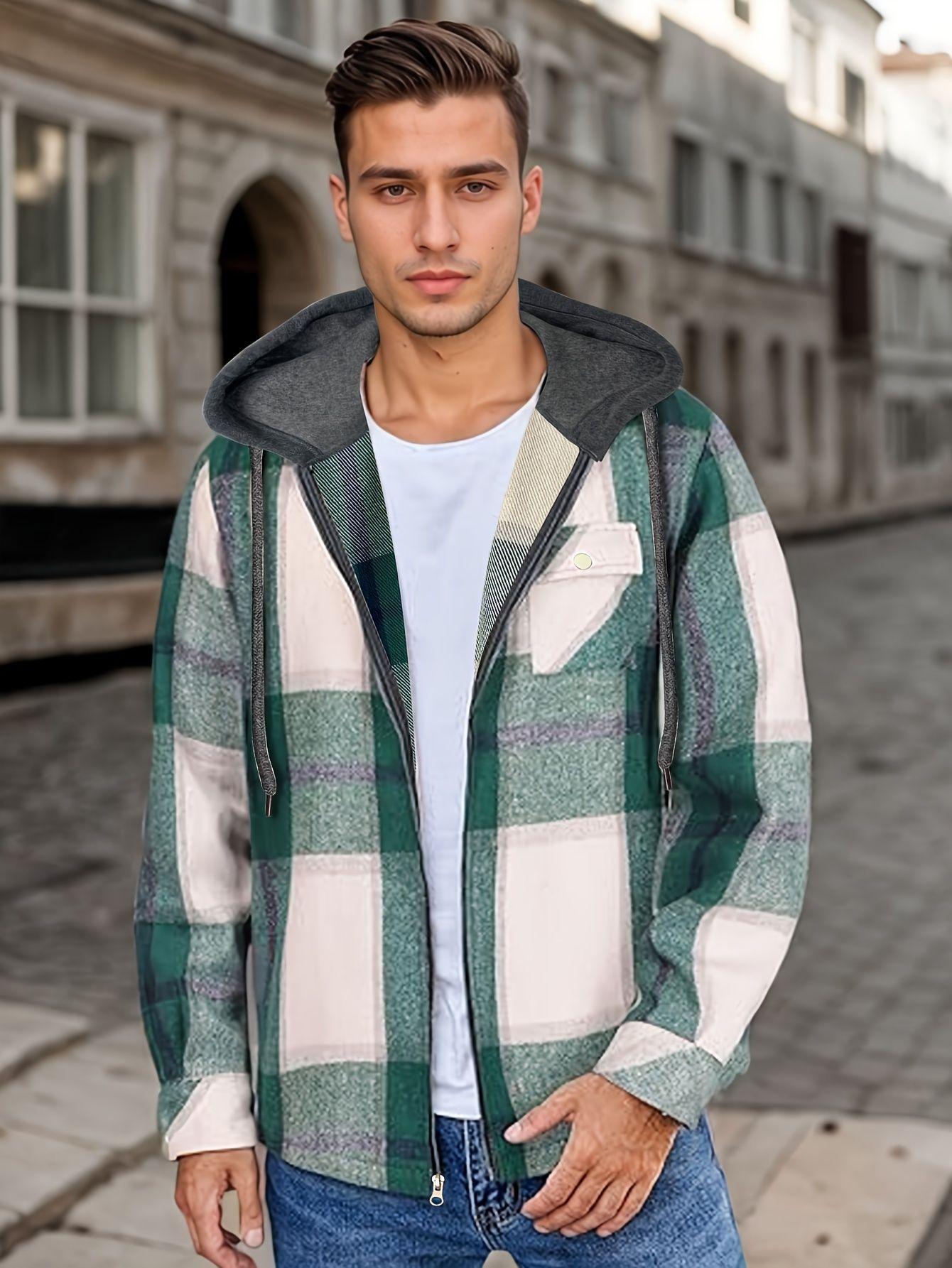 

Men s Checkered Hooded Zip-Up Jacket, Mid-Length Casual Coat with Multiple Color Options XXXL