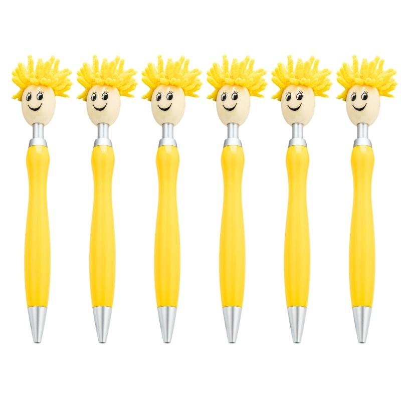6pcs 1.0mm Mop Head Pen Retractable Ballpoint Pen with Plush Hair Smooth Writing Pen School Office Supplies for Teacher