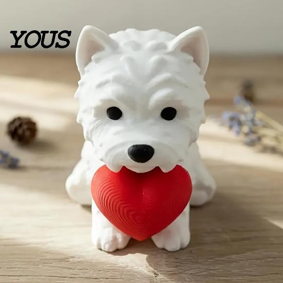 Office Desk Pet Decor 3D Printed West Highland Terrier Figurine, Cute Dog Statue Holding Red Heart, Small Sculpture Car Dashboard Decor,
