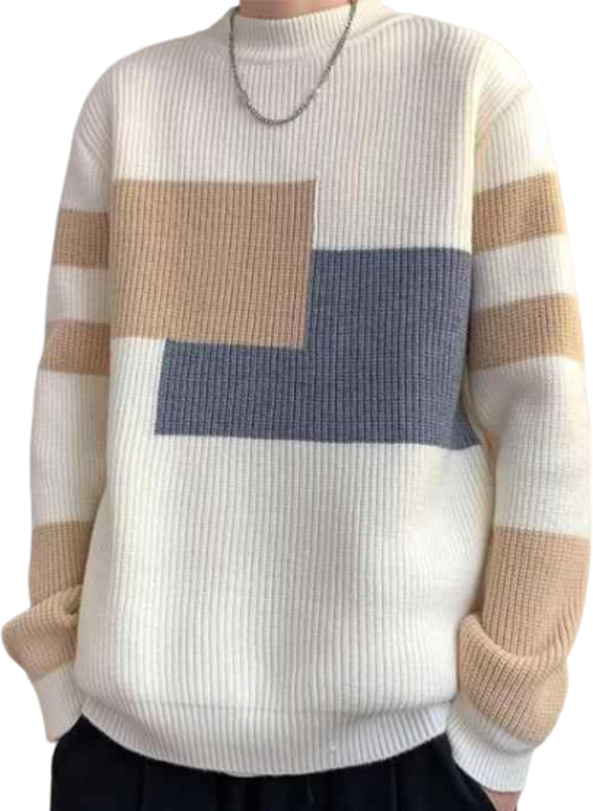 

J.STORE Men s Knit Sweater, Autumn/Winter, Long Sleeve, Thick, Adult Casual, Stylish, White, Neat, Cold Weather, Trendy, Winter Wear, 5A-J08-WHXL