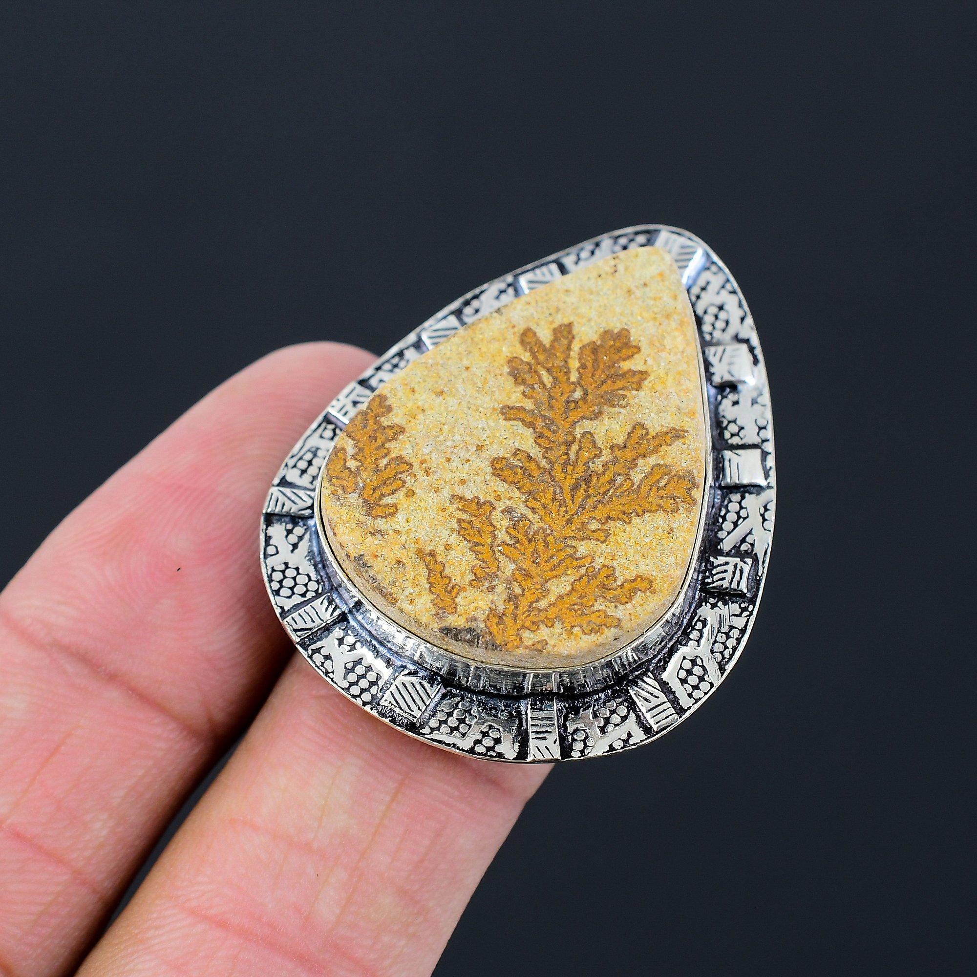 925 Sterling Silver Pear Natural Psilomelane Dendrite Boho Stackable Ring US 6.5 6.5