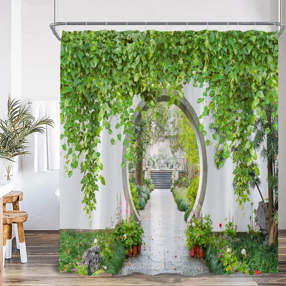 Chinese Courtyard Shower Curtain Arch Door Green Tree Bamboo Yard Path Garden Classical Bathroom Decor Bath Curtain with Hook