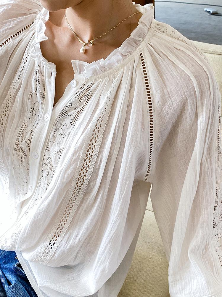 Autumn French Design Women's White Cotton Long Sleeve Shirt - Holiday Style Cardigan