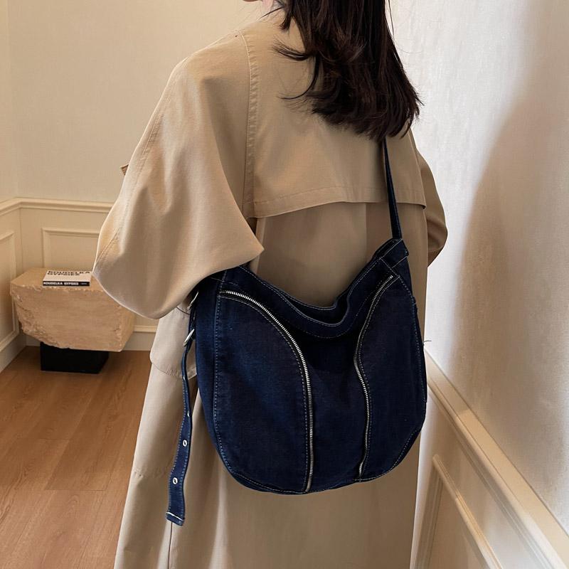 Denim Messenger Bag med Stor Kapacitet Dam Vintage Axelväska Crossbody-väska