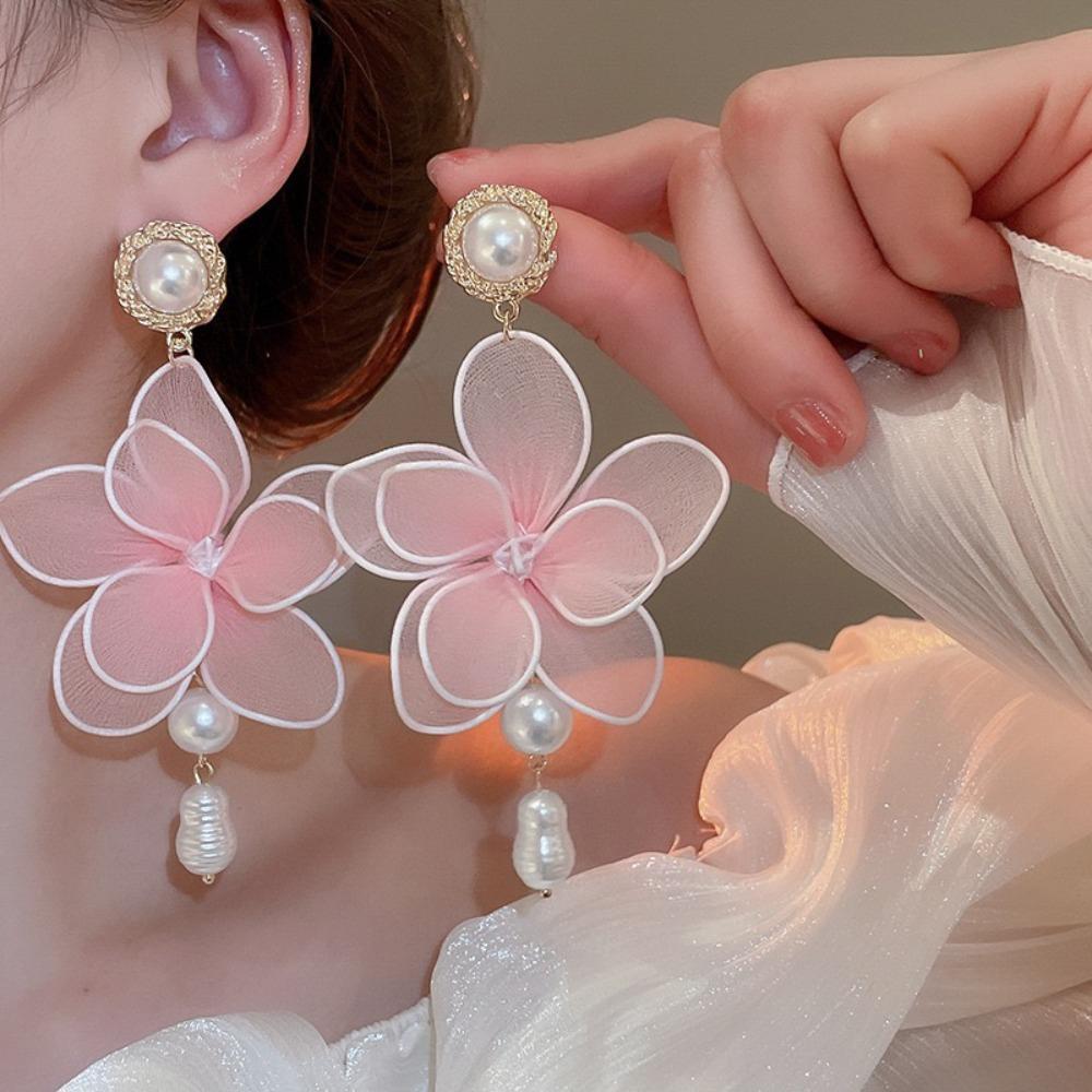 Pearl Pedant Beach Earrings Sweet Petals Stud Earrings Mesh Flower Dangle Earrings  Ladies/Girls