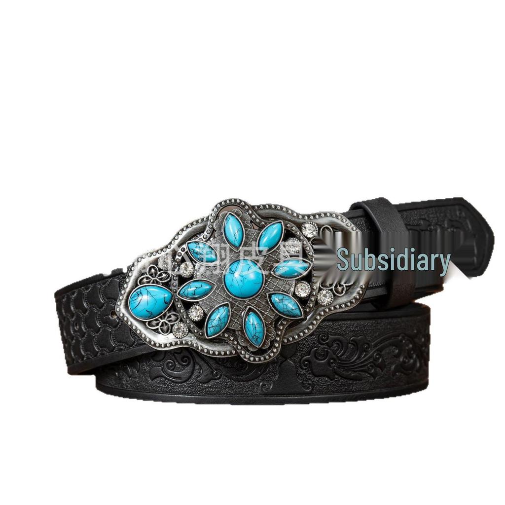 Retro Turquoise Inlaid Buckle PU Leather Embossed Unisex Belt