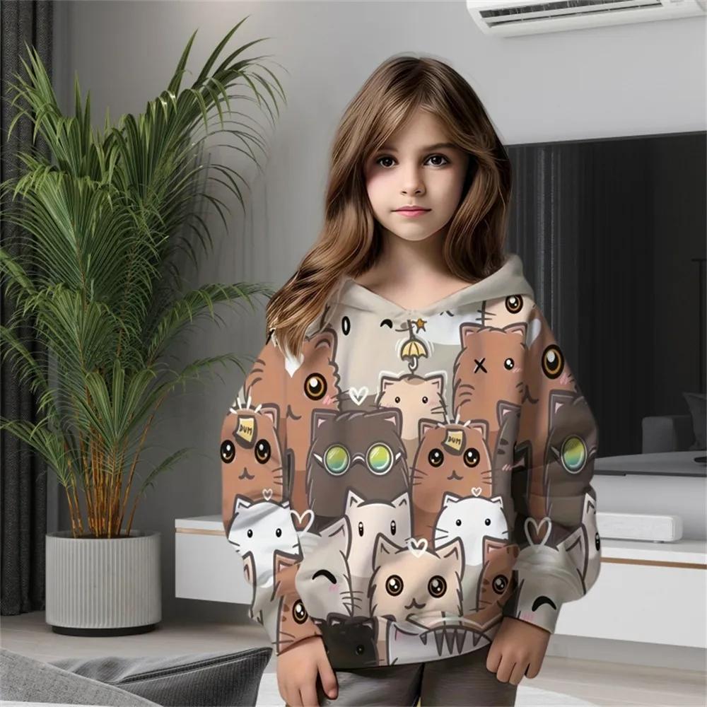 Autumn 3D Cute Cat Printed Hoodies Fashionable Casual Sports Long Sleeved Children's Girl Hooded Sweatshirts