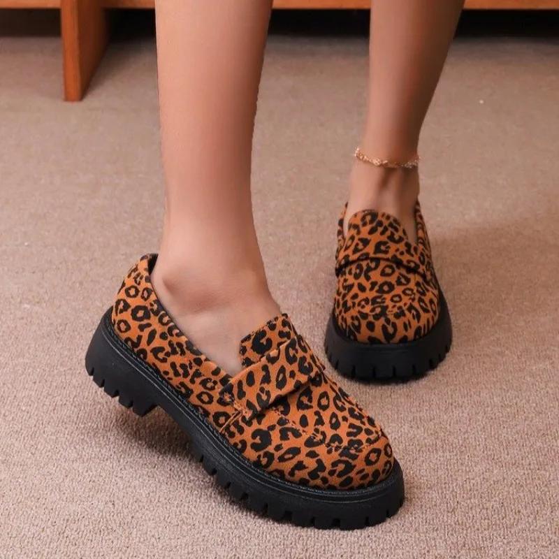 Fashion Women's Fashion Leopard Patchwork Slip-on Loafers Chunky Heel Platform Casual Shoes 2024 New Ladies Moccasins Shoes Plus Size