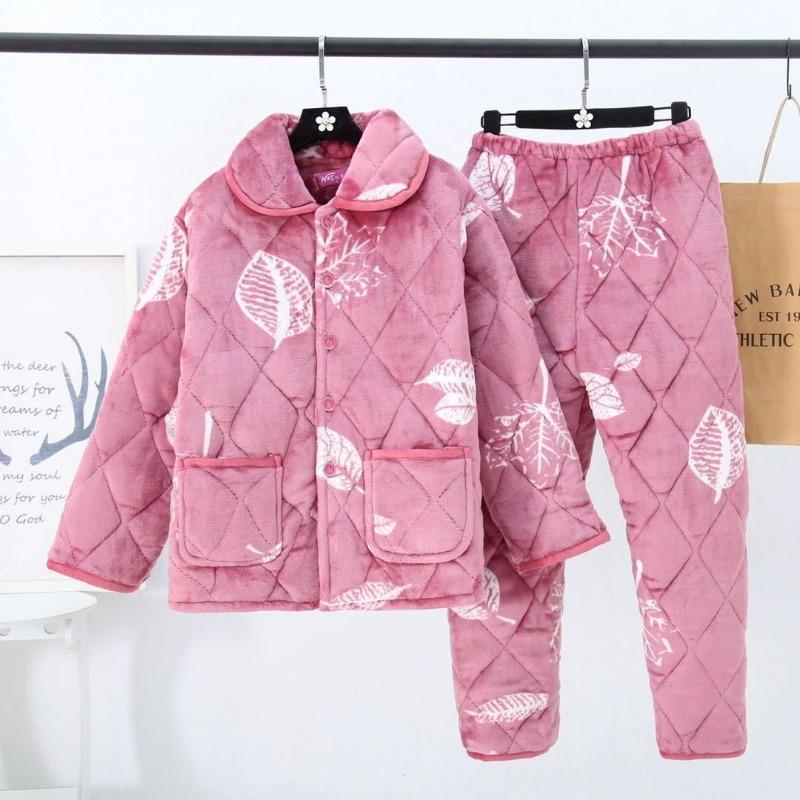 Thickened pajamas women's winter three-layer coral fleece padded cotton can be worn outside, plus sweet loungewear set