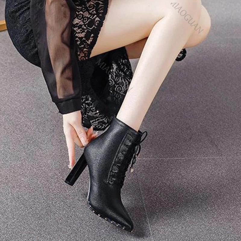 Rivet Black High-heeled Short Boots Women Spring Autumn Shoes Lace-up Pointed Toe Fashion Ankle Boots Side Zip Thick Heels Women