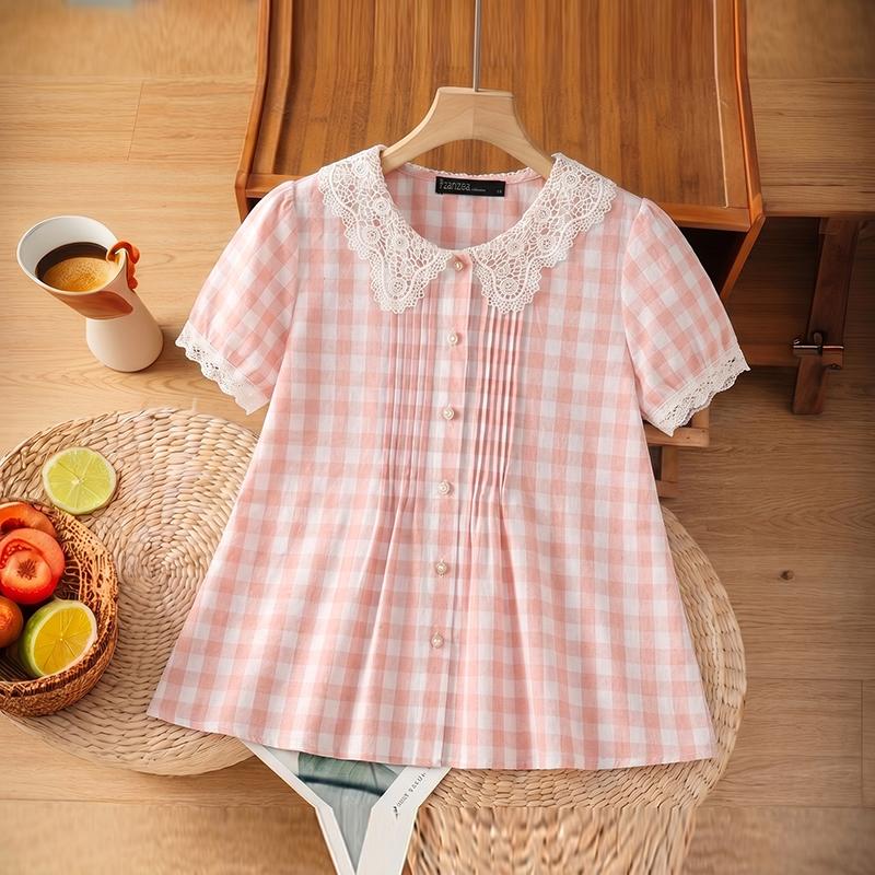 ZANZEA Women Lace Splice Collar Casual Short Sleeve Plaid Print Blouse S розовый