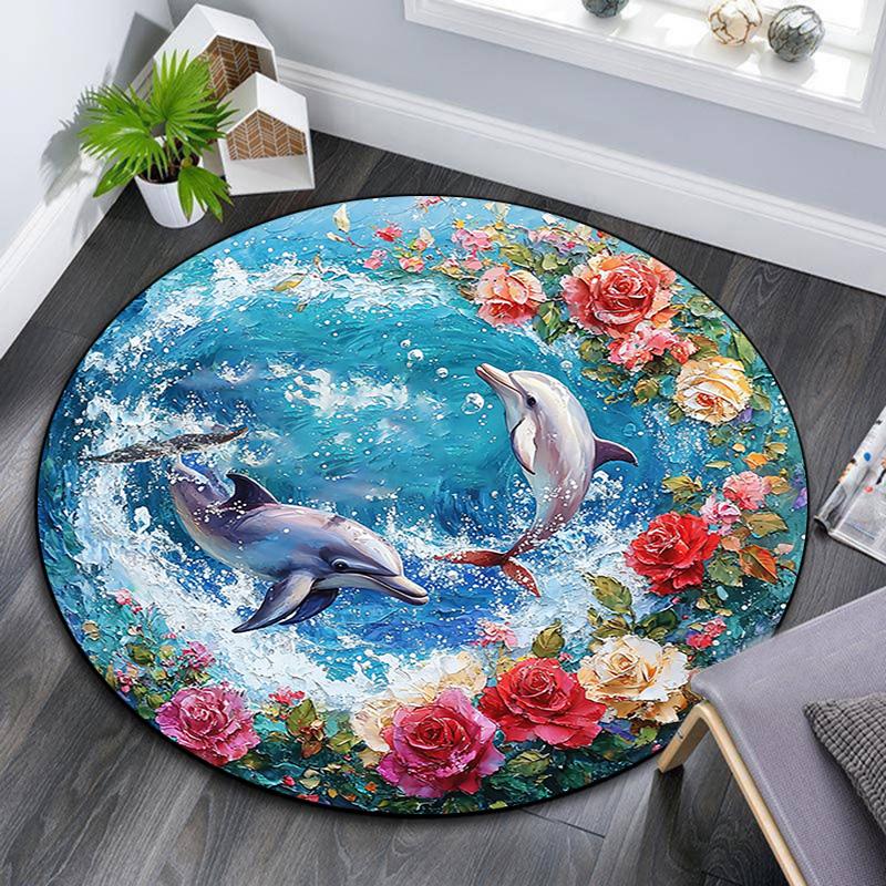 Dolphins Round Area Rug,Carpet Rug for Living Room Bedroom Sofa Playroom Decor,Non-slip Floor Mat