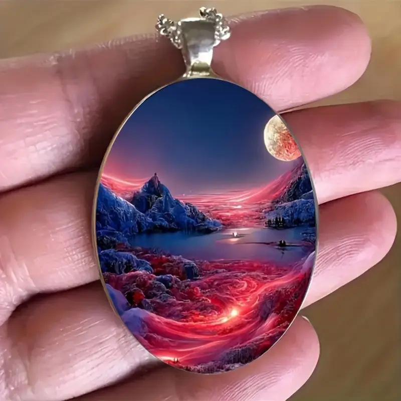Stylish and Beautiful Exotic Night Scene Pattern Oval Alloy Pendant Stainless Steel Necklace