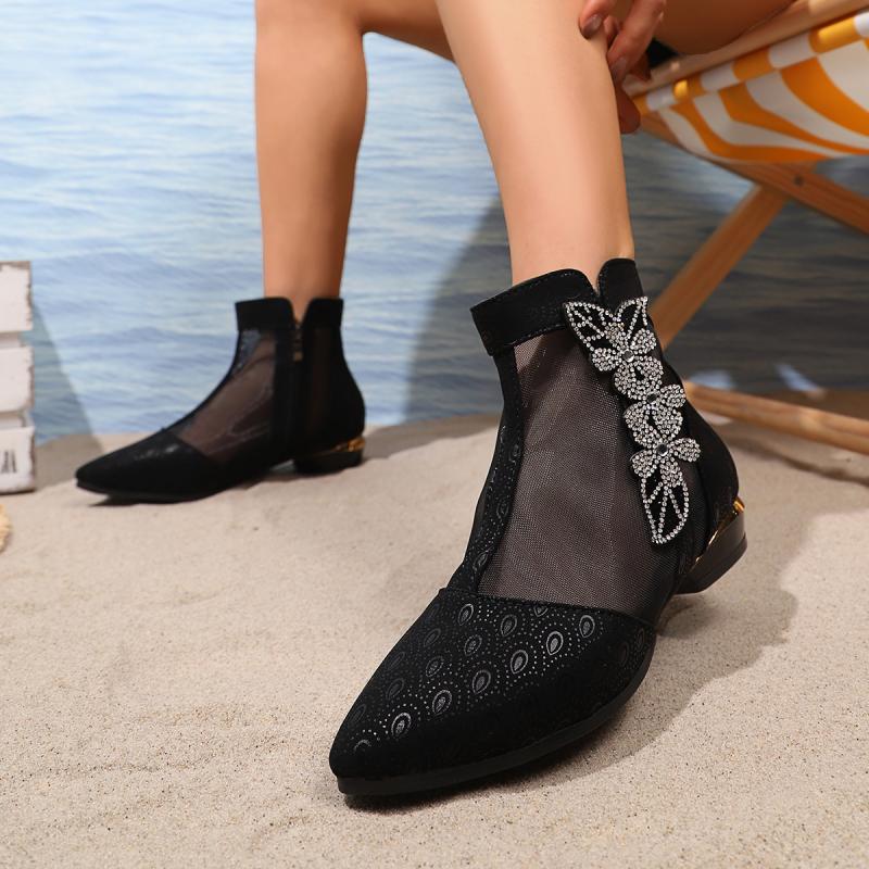 Fashion Luxury Glitter Flower Breathable Mesh Boots Women 2025 Summer Sexy Pointed Toe Low Heel Ankle Boots Side Zip Black Booties
