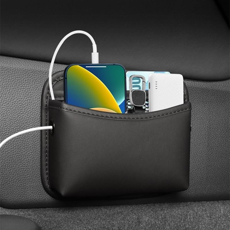 Faux Leather Car Phone Holder, Multifunctional Adhesive Dashboard Storage Bag, Universal Vehicle Interior Accessory Organizer
