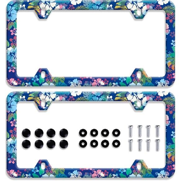Colorful Flowers License Plate Frame Colorful Wildflower Floral License Plate Frames Stainless Steel Accessories Cars Decor With 4 Holes And Screws
