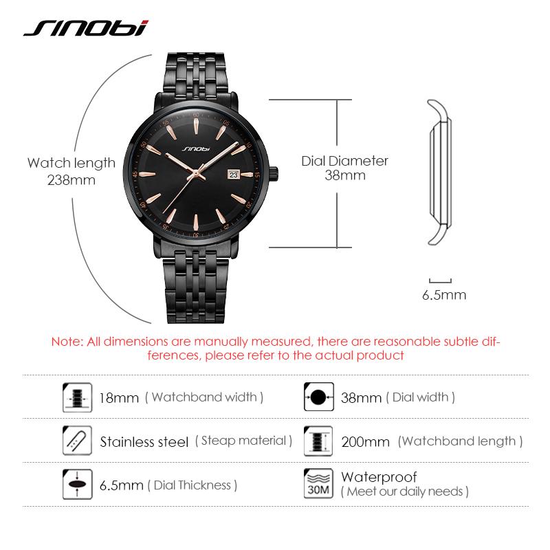 SINOBI Brand Business Men's Quartz Watches 38mm Dial Plate Stainless Steel Strap Calendar Date High Quality Men Wristwatch