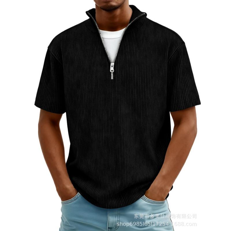 Summer New Men's Solid Color Zipper Striped Casual Short Sleeve T-Shirt