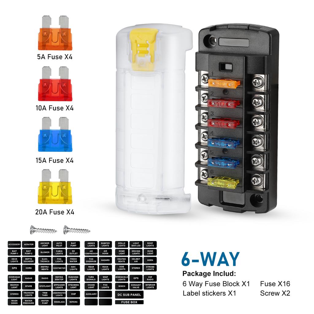 6/12 Way Blade Fuse Box Holder With LED Indicator Waterproof 12-36V Power Distribution Panel For Car Boat Auto Marine RV Camper