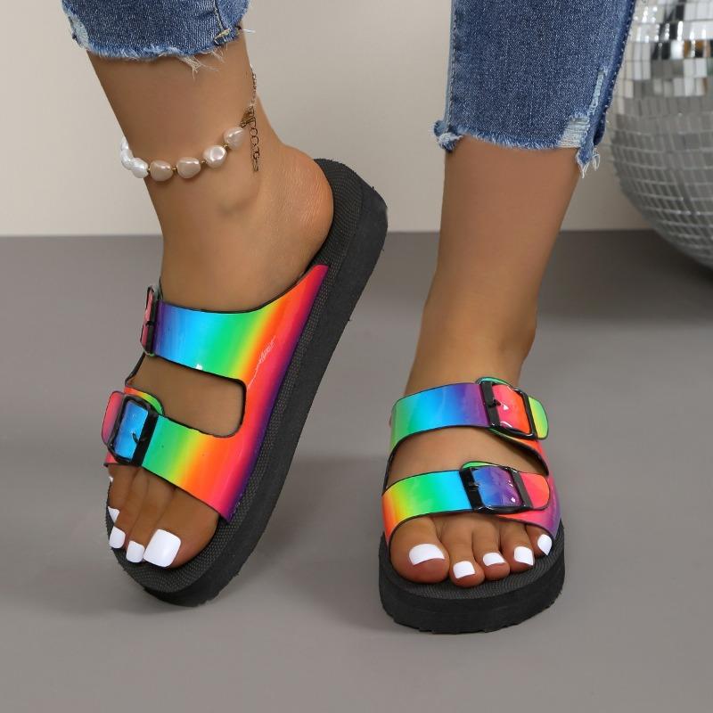 

Летние женские тапочки, модные новые стильные женские тапочки с открытым носком и цветными блоками, женская обувь большого размера с пряжкой на среднем каблуке