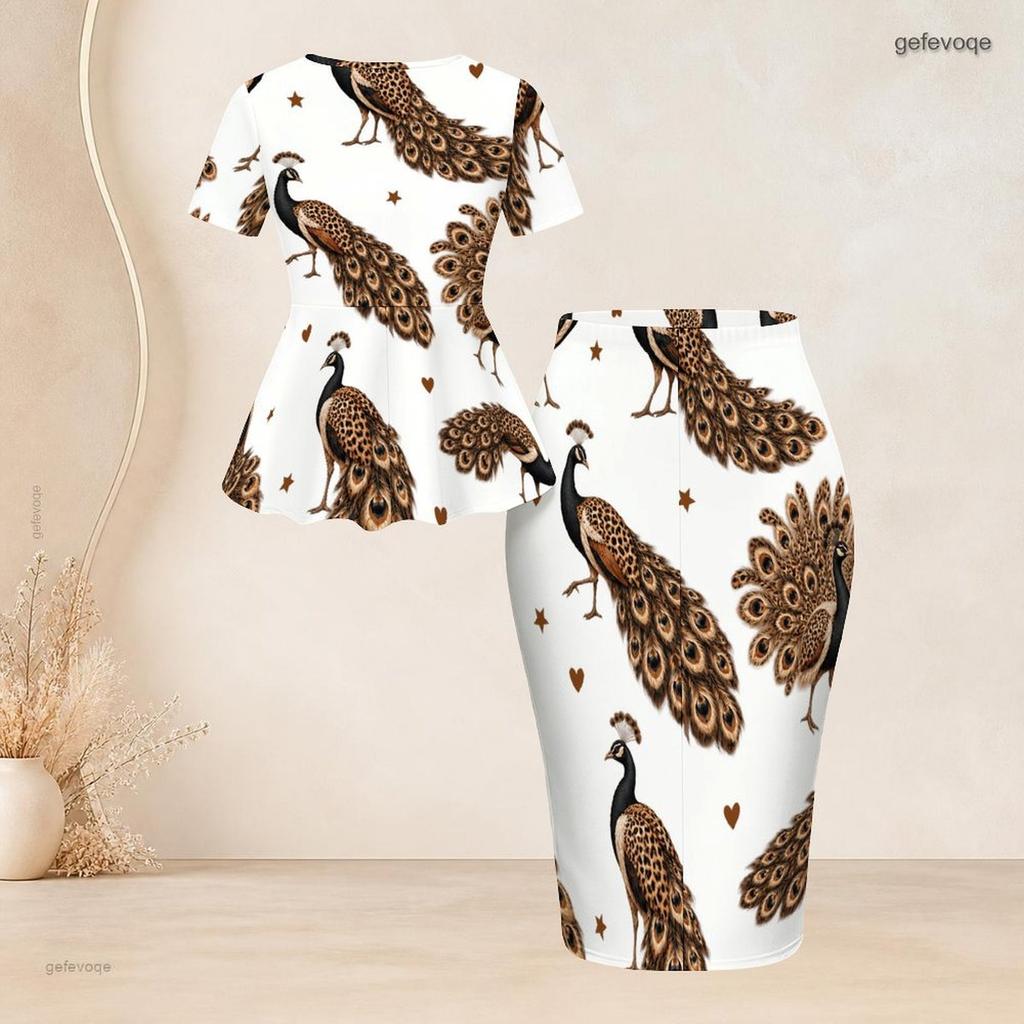 Women Plus Size 2 Piece Outfit Round Neck Short Sleeve Peacock Print Peplum Top Pencil Skirt White
