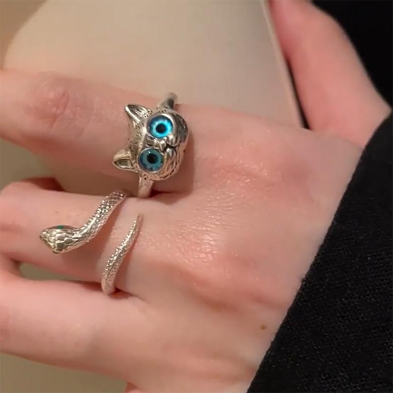 Vivid Cute Silver Color Cat Snake Open Rings For Women Girls Adjustable Finger Ring Gothic Cool Animal Jewelry Gifts