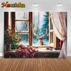 Mocsicka Christmas Backdrop For Photography Retro Art Abstract Window Snow Deer Tree Party Photo Background Indoor Decors Banner