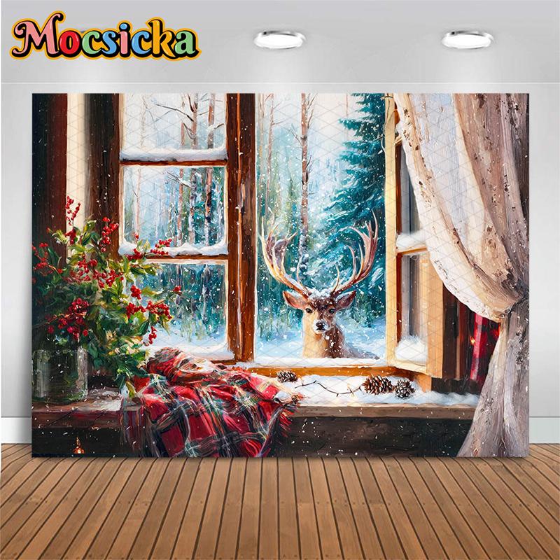 Mocsicka Christmas Backdrop For Photography Retro Art Abstract Window Snow Deer Tree Party Photo Background Indoor Decors Banner