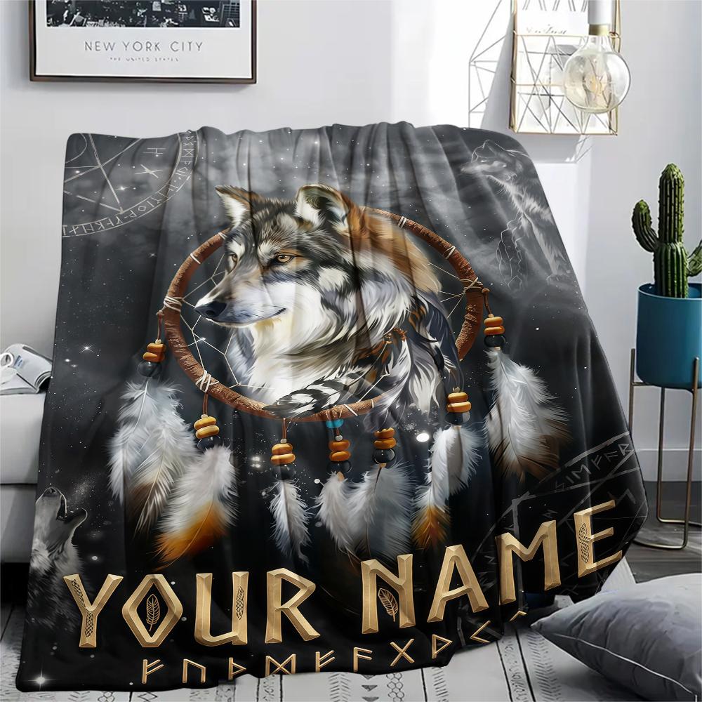 1PC Custom Name Wolf Dreamcatcher Night Patterned Flannel Blanket Suitable For All Seasons for Home Decor Warmth and Comfort Gifts Holiday Present_lx