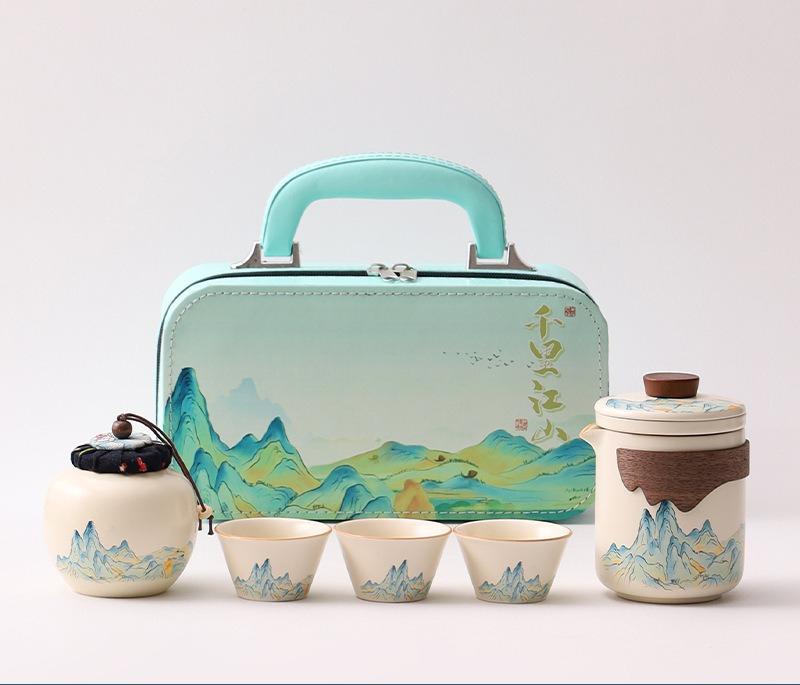 Handmade Ceramic Gongfu Tea Set Portable Travel Fast Cup Chinese Blue Landscape Gift Retro