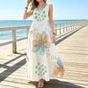 U Neck Sleeveless Maxi Dress,Boho Large Watercolor Floral Dot Print Women Vacation Long Dress