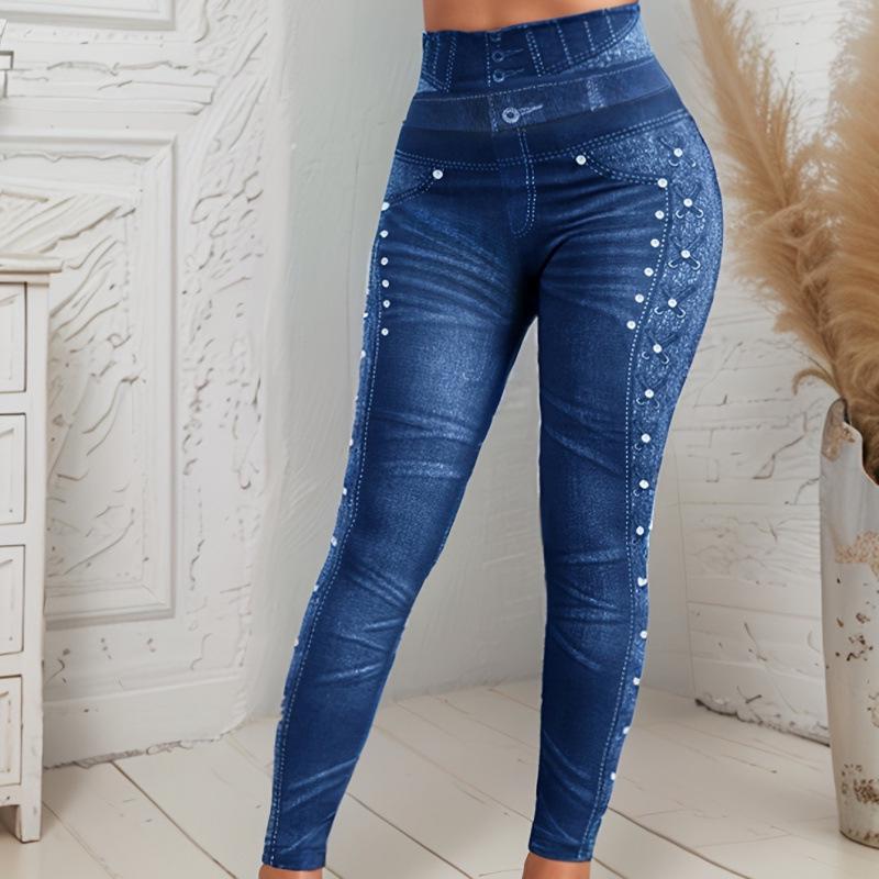 Beaded Denim-Look Studded Leggings 20005 Cross-Border