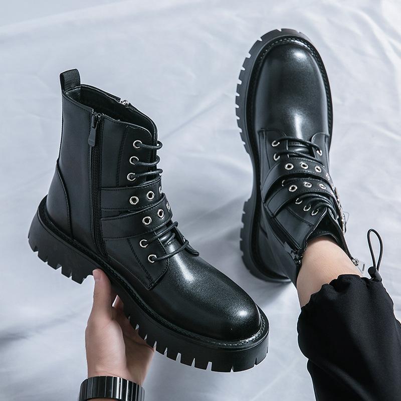 Fashion Men's Boots Large Size High Top Zipper Tooling Leather Boots High Quality Trend Belt Buckle Mens Shoes Botas Para Hombre