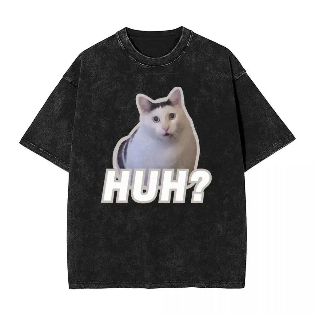 Men's T-Shirt Huh Cat Meme Washed T Shirts Hipster Funny Animal Summer Tees Y2K Classic Cotton Tops Dropshipping