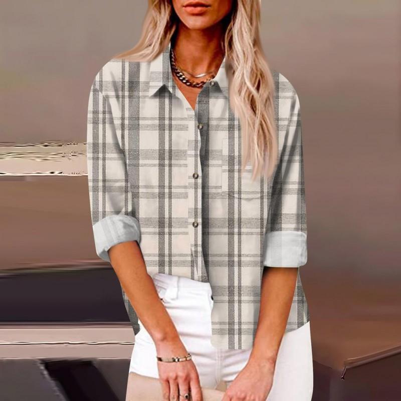 Womens Relaxed Fit Long Sleeve Shirt With 3D Digital Print Plaid Casual Cotton Linen Blouse