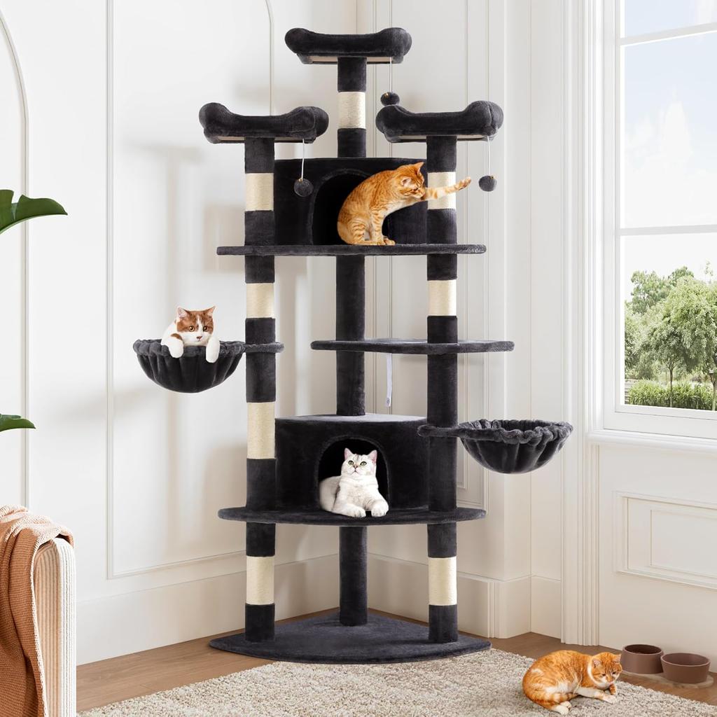 73in Fan-Shaped Corner Cat Tower - Multi-Level Indoor Cat Tree with Scratching Posts, Perches & Cozy Baskets, Dark Grey