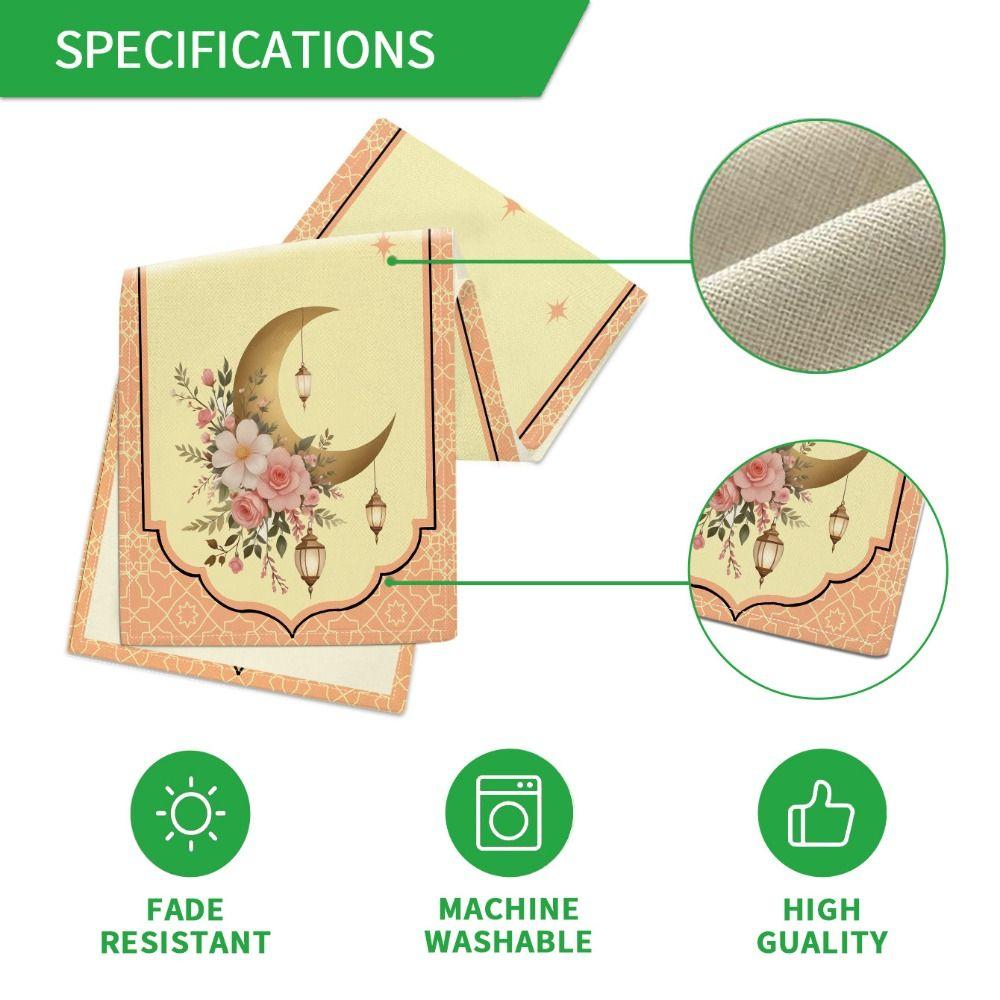 Golden Lantern Ramadan Table Runner White Moon Star Polyester Eid Mubarak Tablecloth Eid Al Fitr Dining Table Decoration