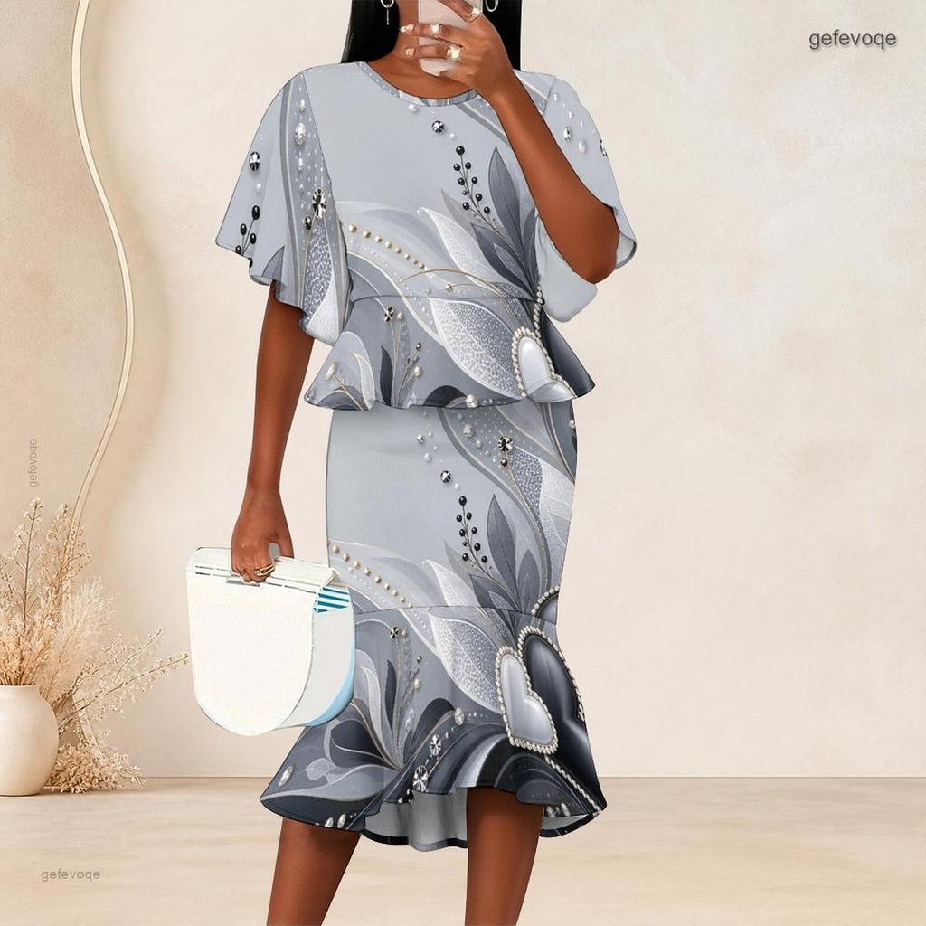 Women Plus Size Black Green Gold Round Neck Printed Batwing Sleeve Ruffle Top Fishtail Skirt Two Piece Set