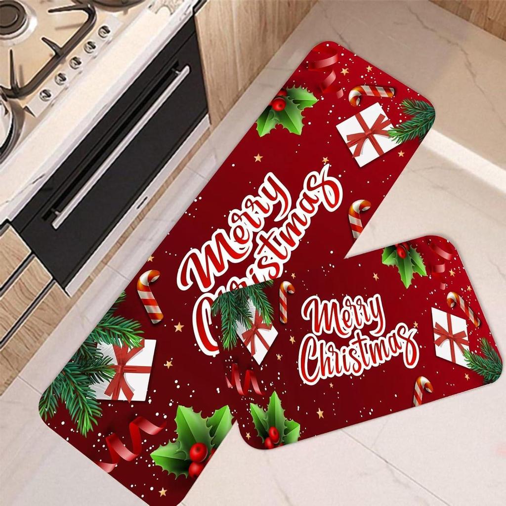 Cross-Border Christmas Holiday Two-Piece Kitchen Mat Set - Oil-Absorbing, Dirt-Resistant